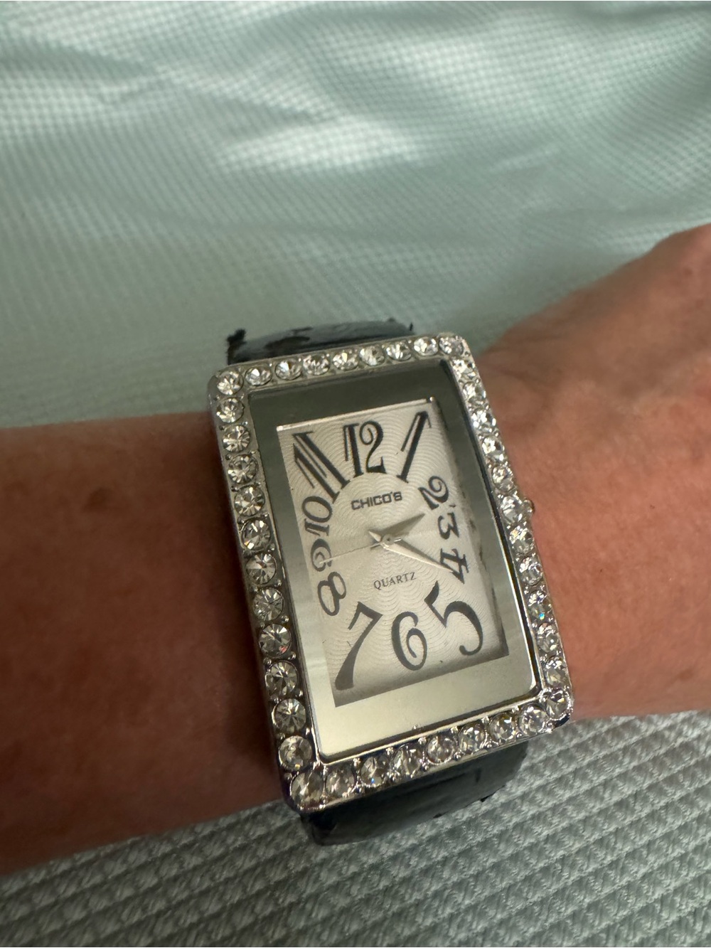 Chico's Silver Crystal-Trim Rectangular Watch with Black Strap